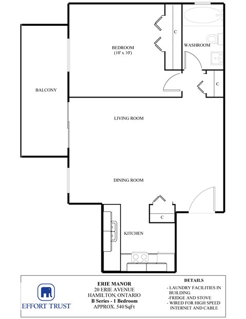 Floor plan for 1 bed, 1 bath, 700 sqft